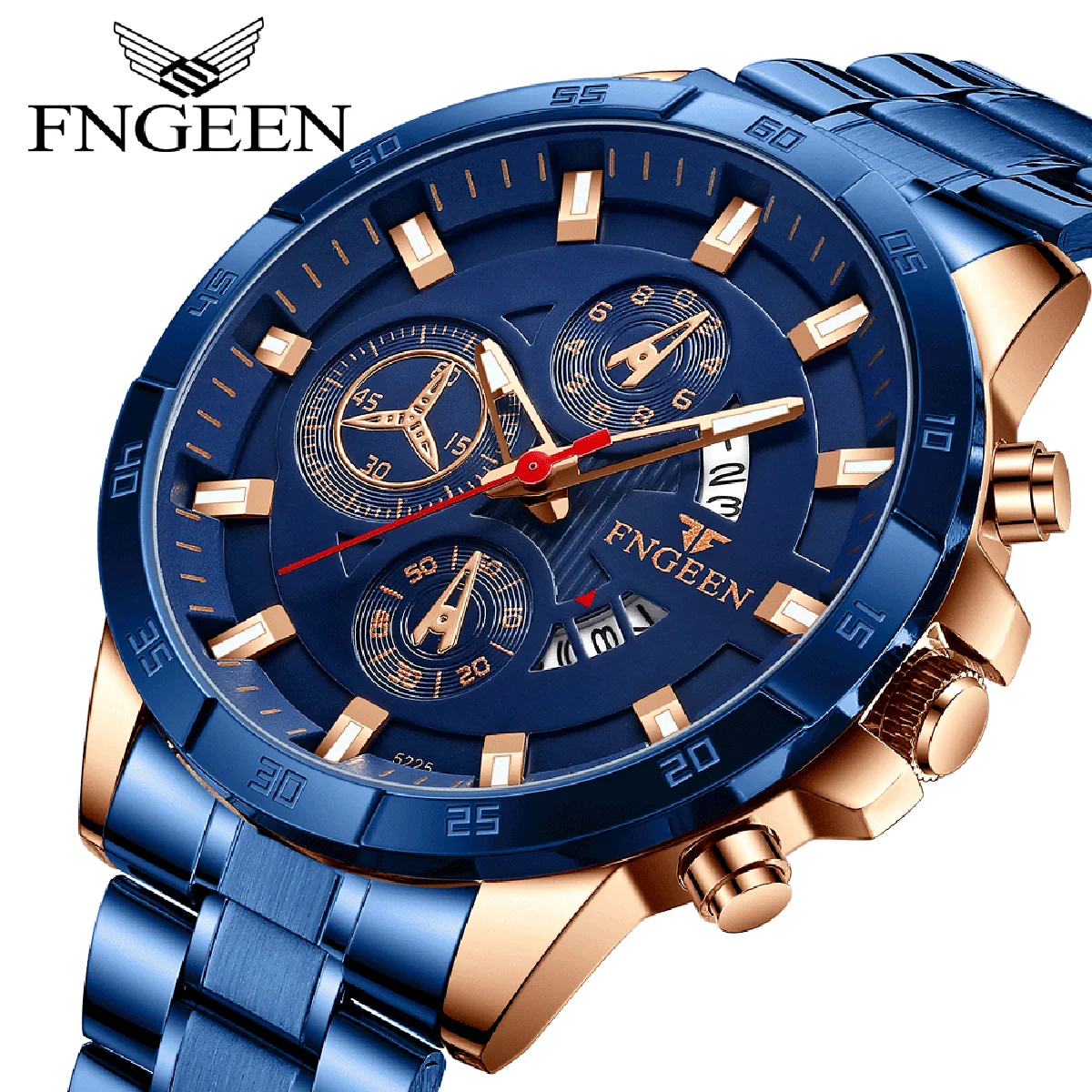 

Luxury Blue Steel Multifunctional Sports Watch FNGEEN Brand New Fashion Waterproof Wirstwatch Date Business Quartz Men's Watches