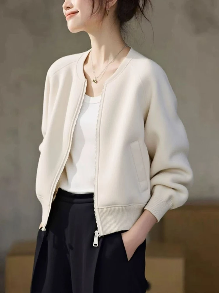 2026 Spring Women Cream Flight Jacket Loose Baseball Bomber Coat Chic Casual Lightweight Outerwear