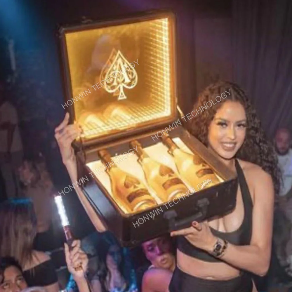 

LED Lighted 3 Bottles Gold Suitcase Ace of Spades Champagne Bottle Carrier Box Wine Display Case Glorifier VIP Service Presenter
