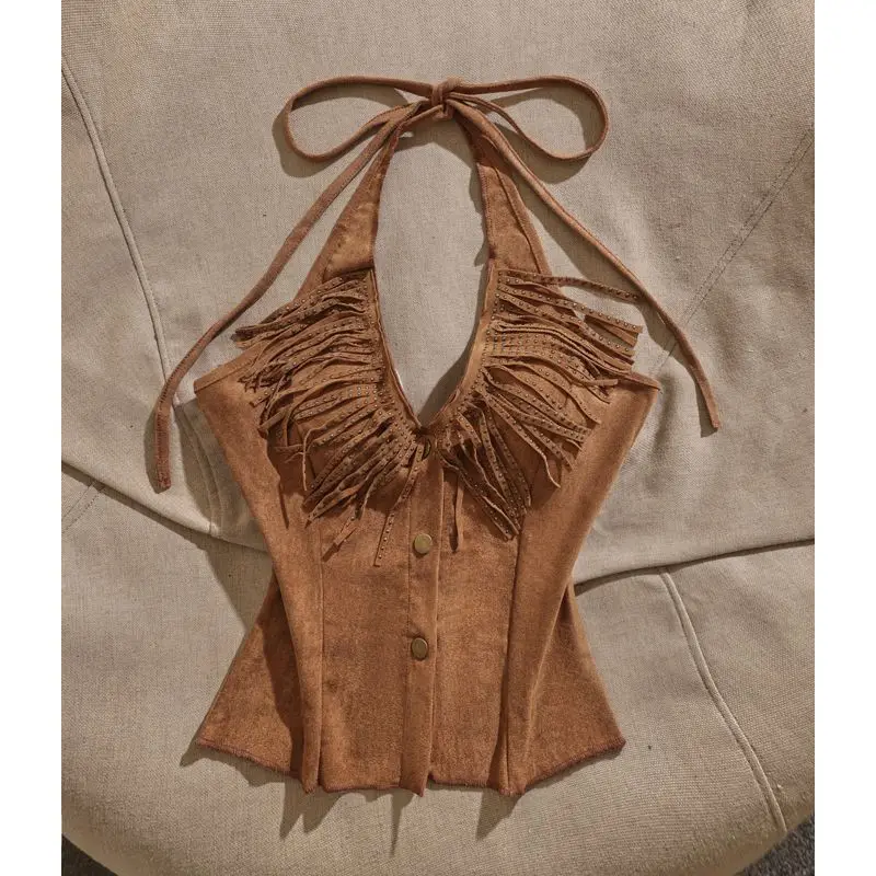 

YYAHAHAS Французский дизайн, ретро-топ с бахромой для лета, стройнящий и элегантный, с завязками на шее