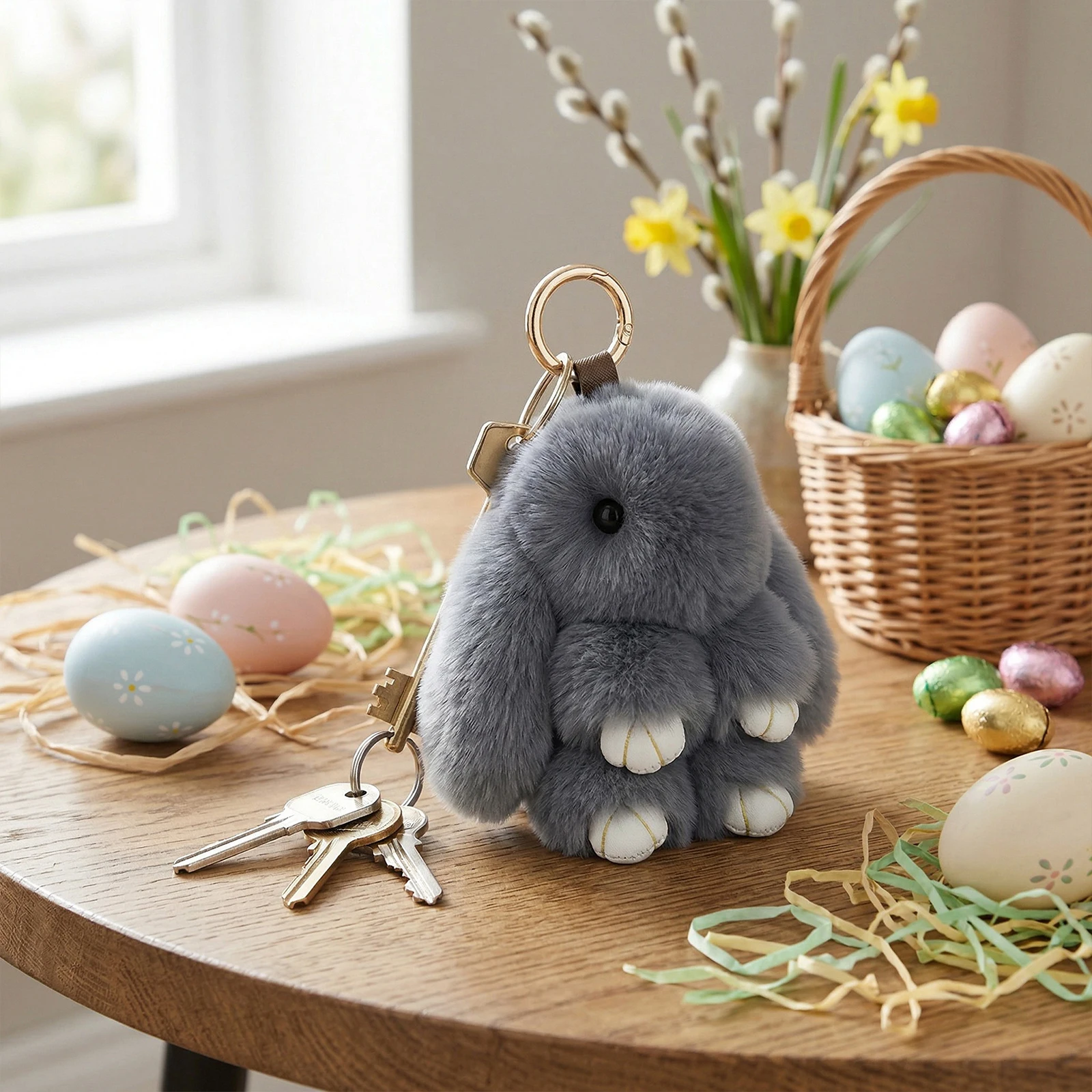 Caja de dulces y galletas con diseño de conejo de Pascua y flores, con llaveros de conejo de la suerte, caja de regalo portátil con asa, suministros para envolver regalos