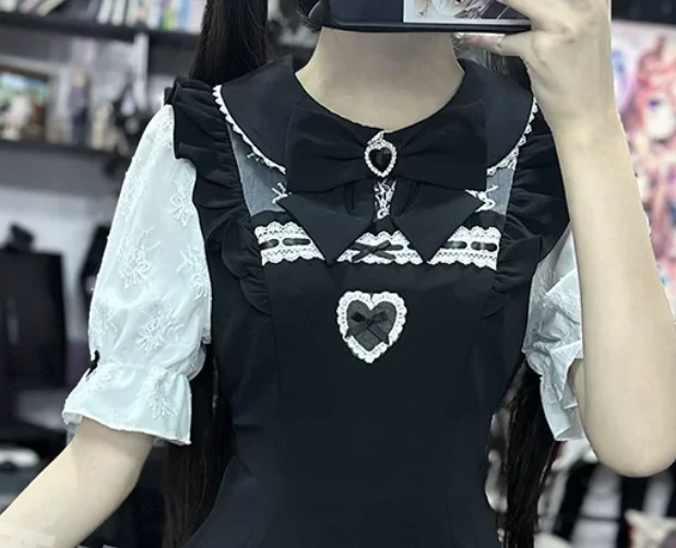 Y2k Subculture Summer New Girl Sweet Lace Short Sleeve Black Dress Fashion Versatile A-line Cute Japanese Dresses Shorts Set