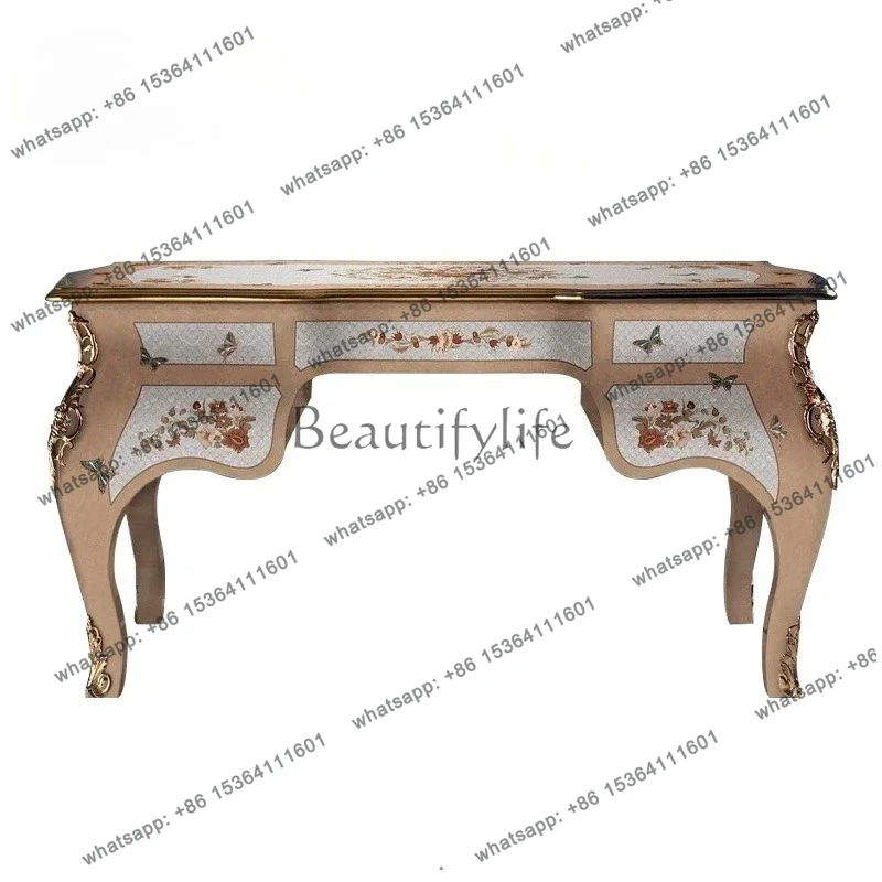 

French solid wood carving desk European bookcase desk shell parquet villa study furniture
