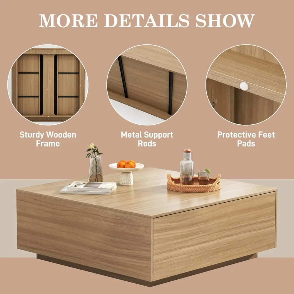 Modern Large Square Coffee Table with Storage, 2 Drawers, Light Wood for Living Room