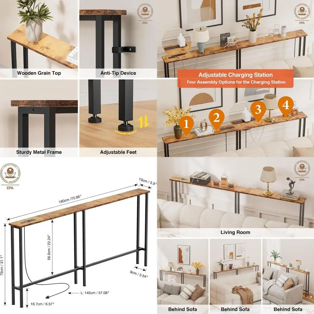 

Консольный диван-стол в деревенском стиле коричневого цвета с розетками и 2 USB-портами, металлический каркас, идеально подходит для прихожей, офиса, за диваном, Easy Asse