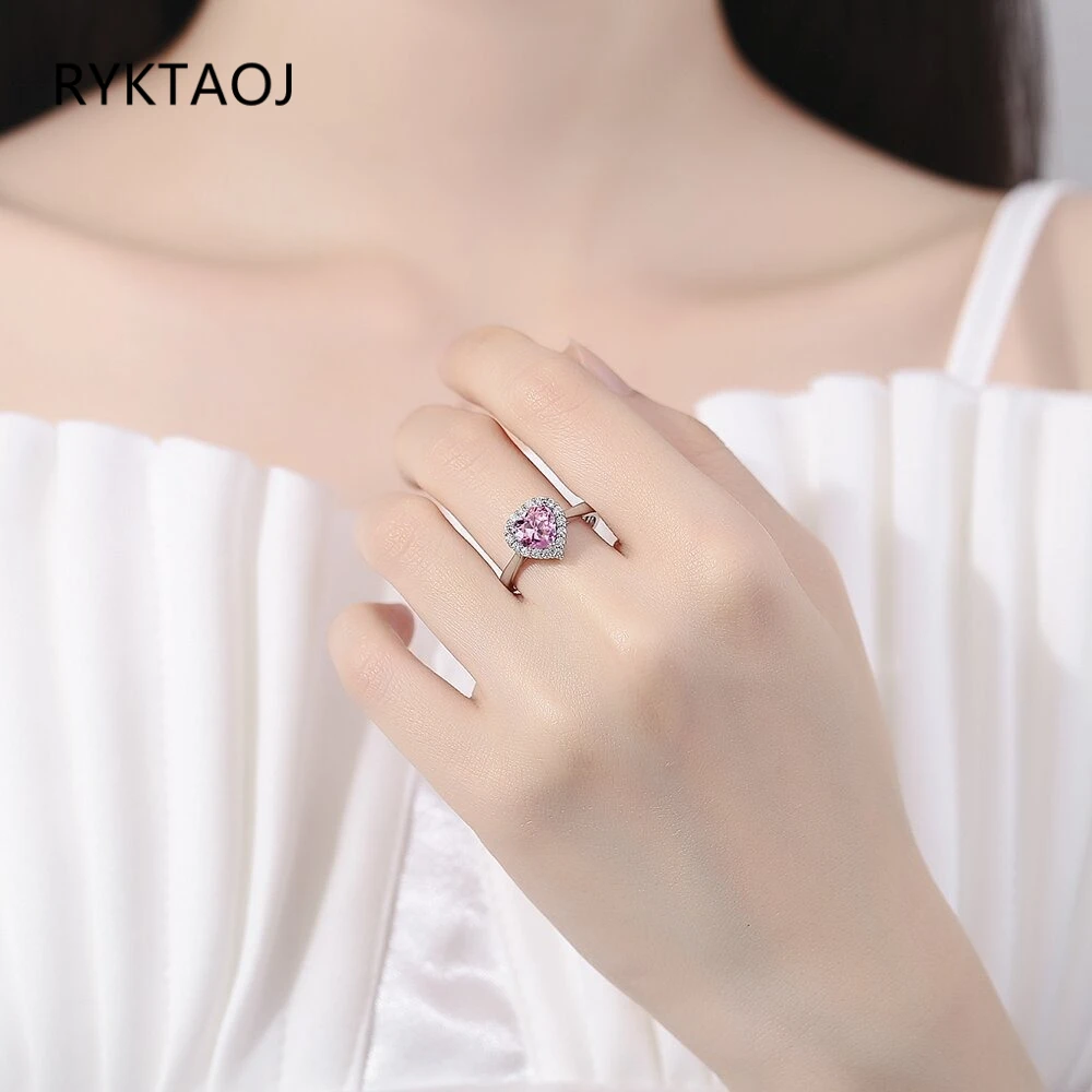 925 Sterling Silver Heart CZ Ring for Women Pink Heart‑Cut Halo Cubic Zirconia Adjustable Open Band Wedding Fine Jewelry Gift