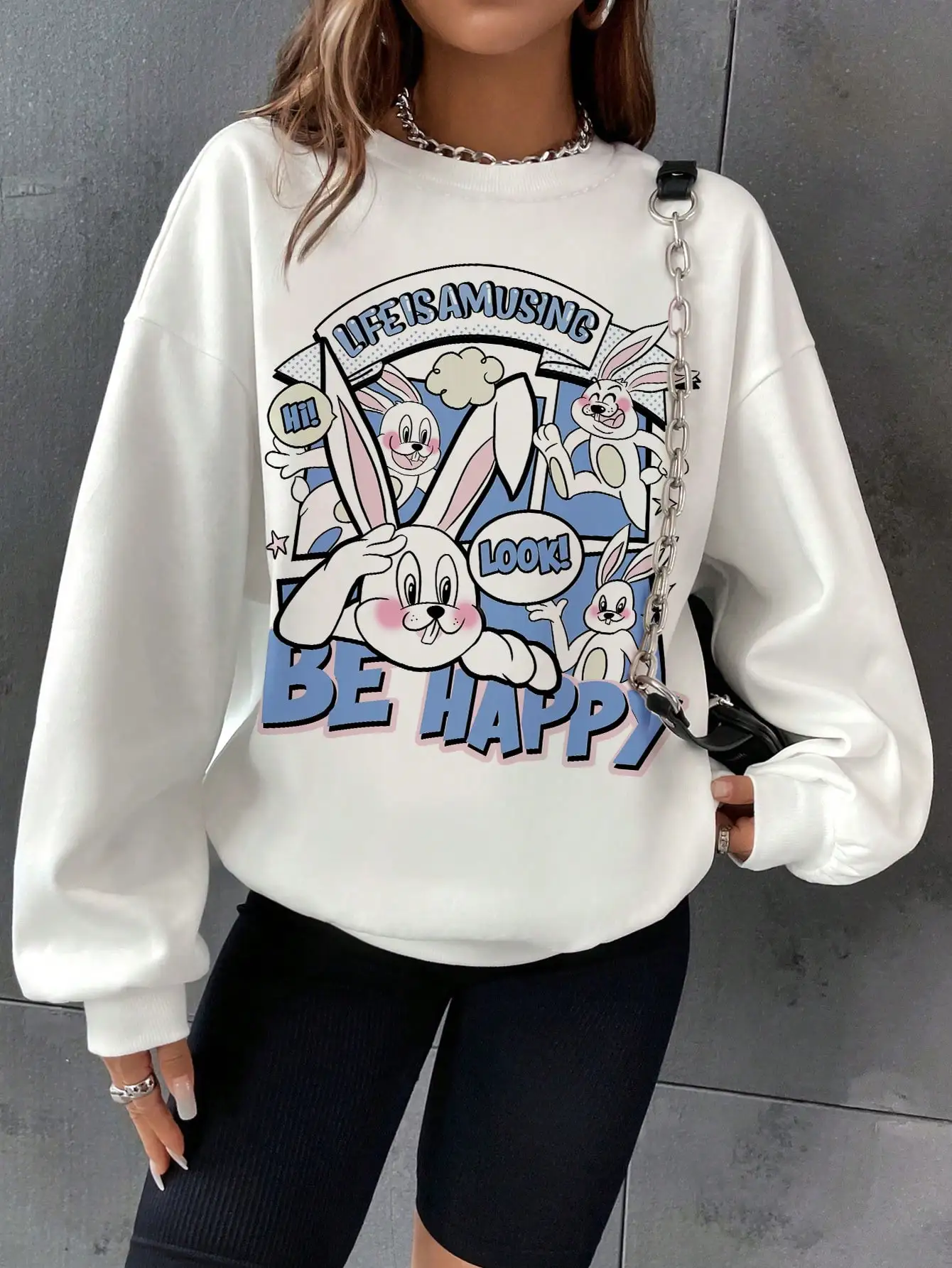 Life Is Amusing Be Happy Cartoons Funny Rabbit Print Sweater For Womens Hip Hop Fashion Pullovers Autumn Street Female Clothing