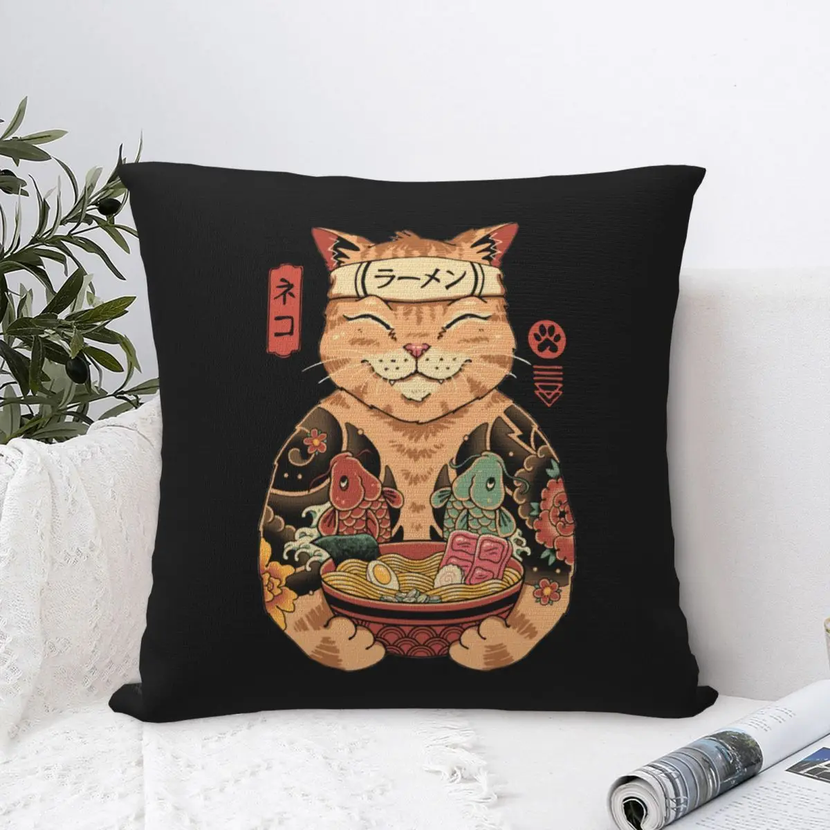 Catana Ramen Cat Pillow Case Cushion Covers Novelty Zipper Decor Pillowcase for Home 45x45cm