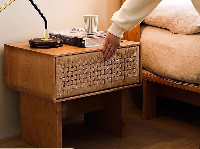 Wabi Sandy Wind Solid Wood Rattan Bedside Table Small Cabinet Homestay Furniture Retro Style Bedroom Simple Storage Cabinet