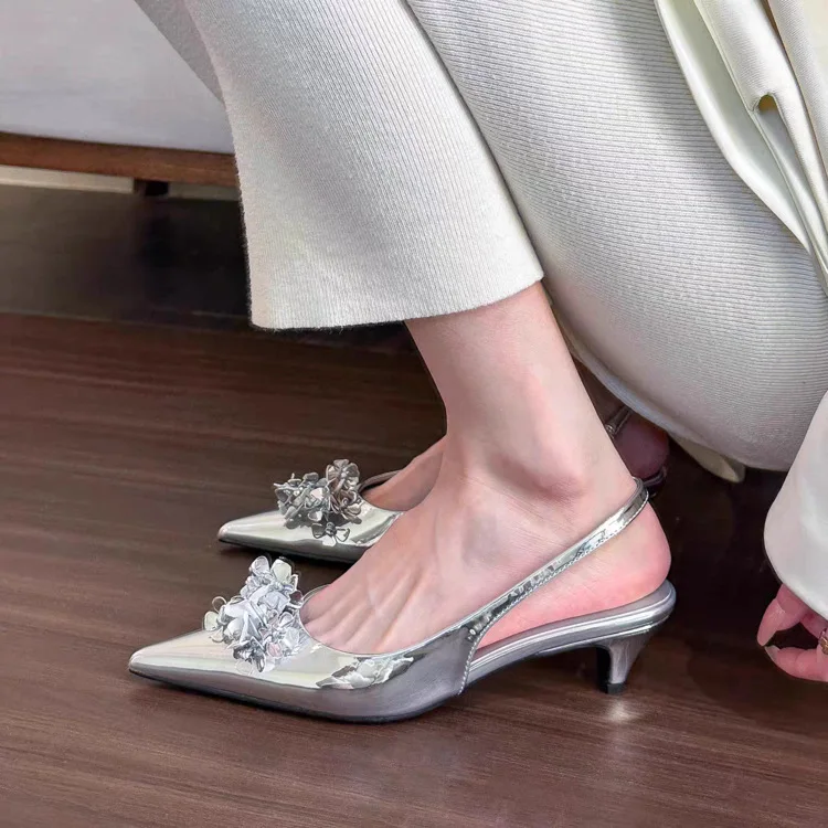 Med 2024 Summer Pointed Heel Sandals Comfort Shoes for Women Shallow Mouth Medium Low New Elastic Band Girls High Back Strap Ru