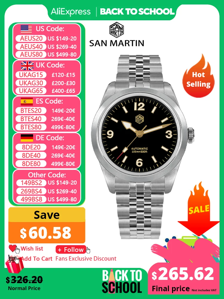 

San Martin 38mm Men Sport Watch Fashion Luxury Explore Climbing Automatic Mechanical Sapphire Waterproof 5 Links Bracelet BGW-9