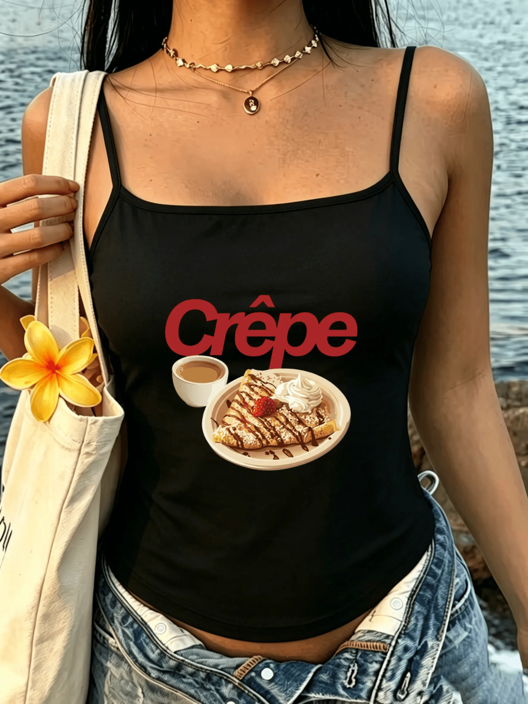 French Crepe Camisole Ladies Coffee Dessert Tank Top Weekend Brunch Outfits Vest Aesthetic Paris Cafe Summer Crop Tops