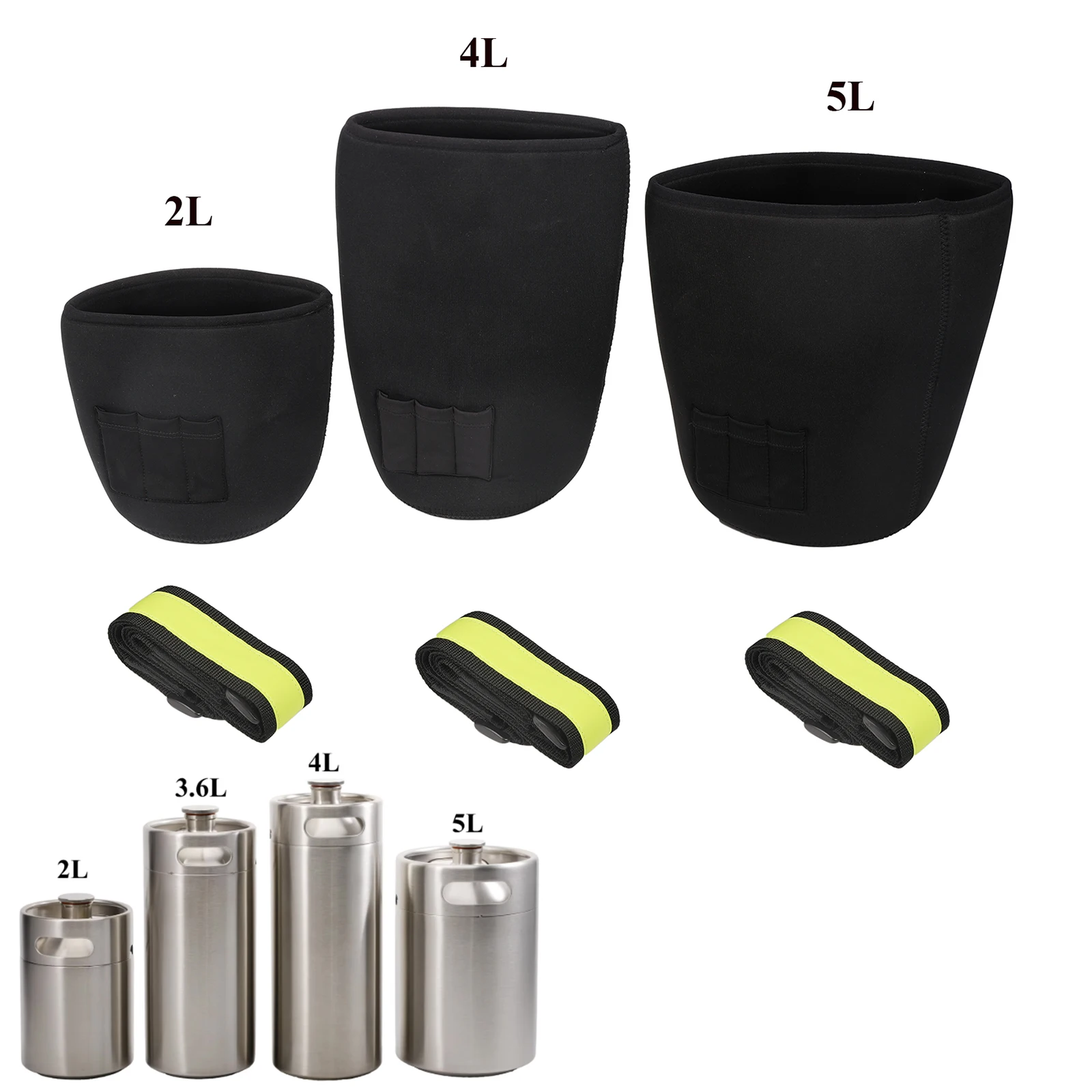 Funda de Neopreno para Mini Barril o Growler de 2/3.6/4/5L, Resistente, 8mm de Grosor, Aislada, con Correa de Hombro de Velcro y 3 Bolsillos para Cartuchos de CO2