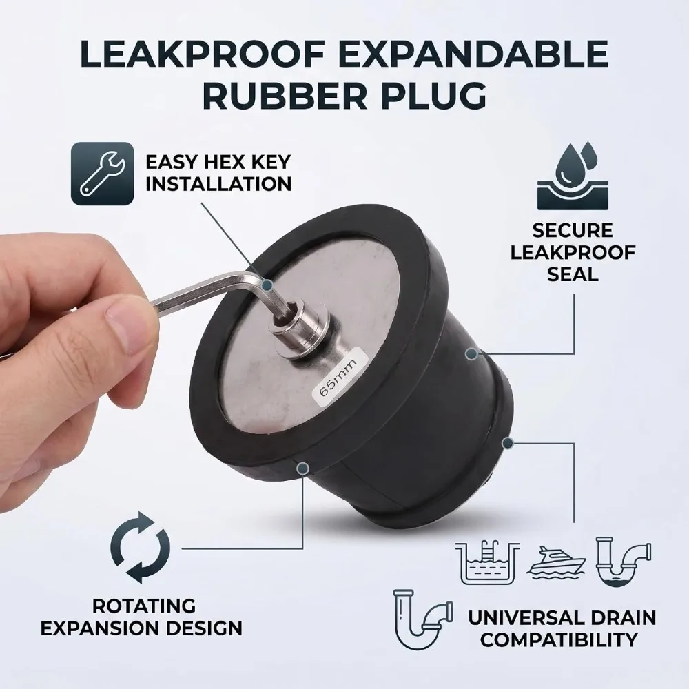 NBR Stainless Steel Expandable Rubber Plug 2-9/16 in–3-1/8 in 65-85mm Diameter Drain Plug Leakproof Design Removable Hex Key