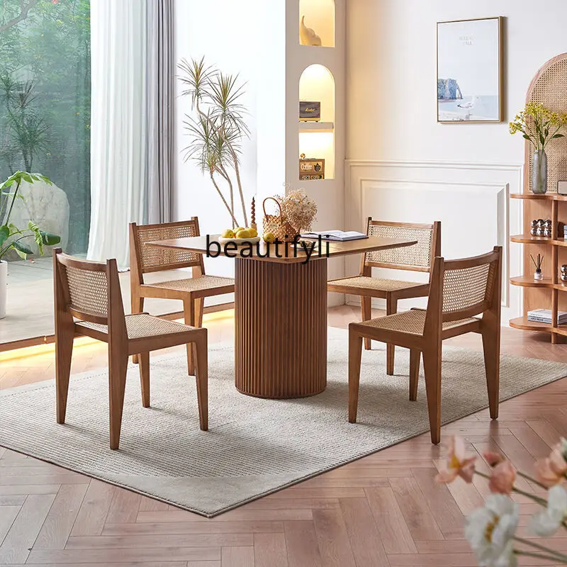 Wood Rattan Woven Dining Tables and Chairs Set Small Apartment Household Minimalist Restaurant B & B Square Dining Table