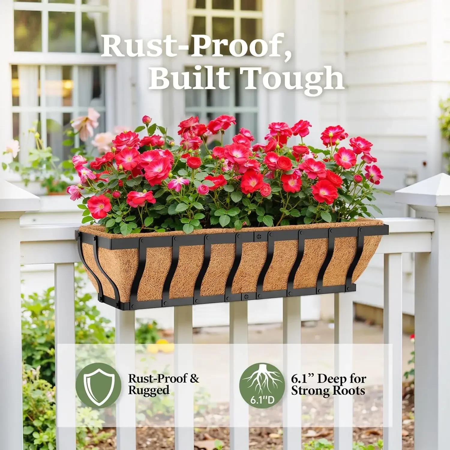 VOXOR Railing Planter Boxes, Heavy Duty Window Box Planters, Adjustable Balcony Planters for Railing Hanging, with Coco Liner &