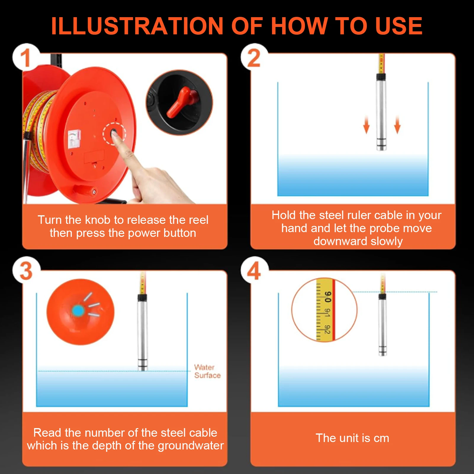 Измеритель уровня воды, измеритель глубины воды 30 м/98 футов, индикатор жидкости на батарейках с зондом из нержавеющей стали диаметром 25 мм