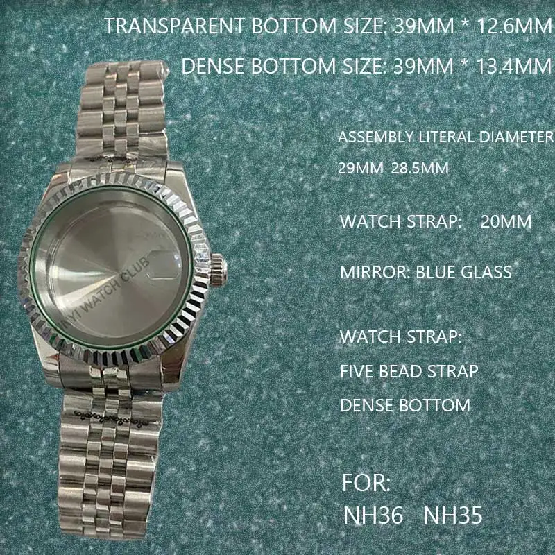 39mm Sliver Watch Case transparent bottom Sapphire mirror surface watch case + Strap suitable for NH35 NH36 movements ﻿