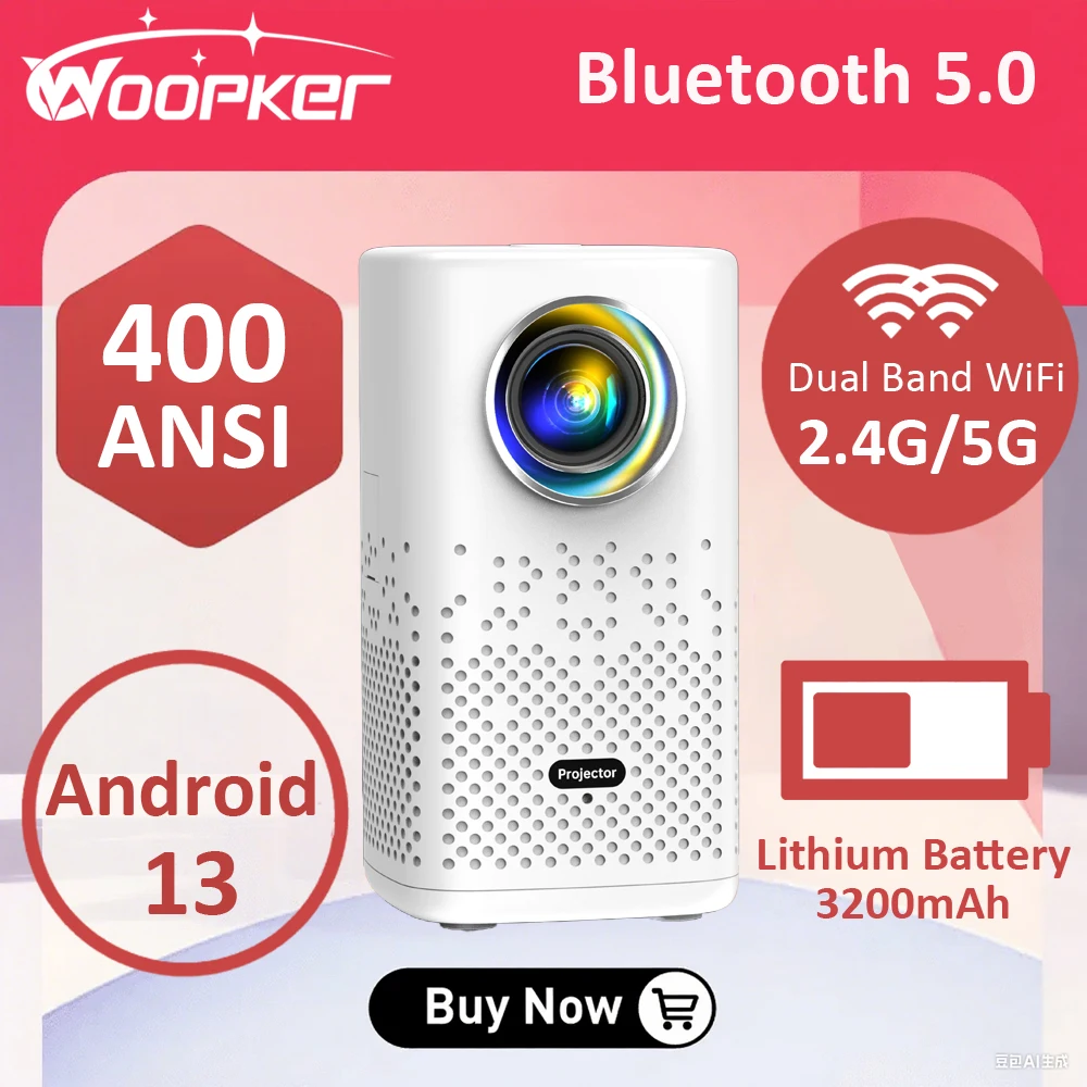 

WOOPKER Portable Projector 4K H1P 400 Ansi Android 13 Dual WiFi BT5.0 Built-in Battery LED Video Outdoors Home Theater Beamer