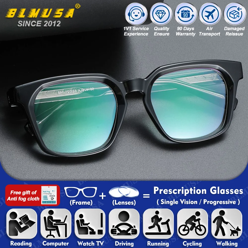 

BLMUSA (M) Casual Style Vintage Square Frame Prescription Glasses Men Anti Blue Light Multifocal and Progressive Reading Eyeware