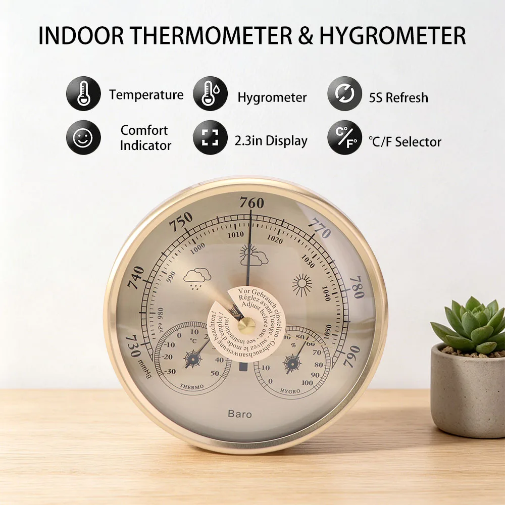 3 in 1 Barometer Thermometer Hygrometer Wall Mounted Large Display Indoor Climate Monitor Space Saving Accurate