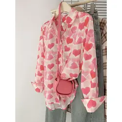 Refreshing Pink Printing Shirt Lady Fashion Spring 2024 Loose Comfort Table Westernization Chiffon Long Sleeved All Match Tops