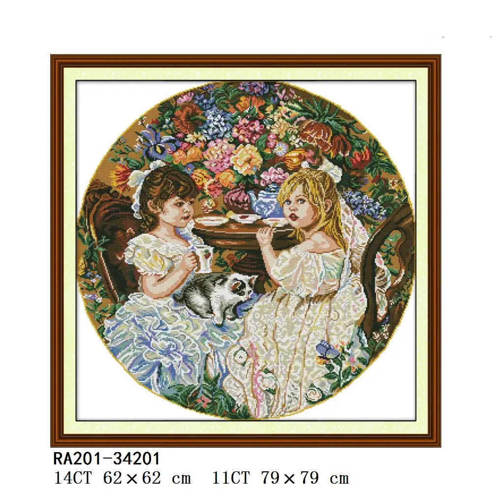 Joy Sunday Andromeda Berries Two Little Girls Cross Stitch Kits, counted Stamped Canvas Cross Stitch, DG007, RA201