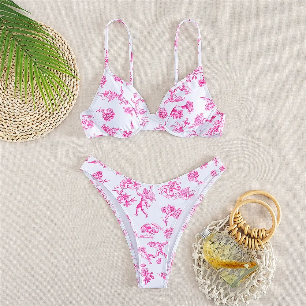 

Floral Print White Bikini Push Up Mujer Sexy Swimsuit Women Underwired Swimwear High Cut Bathing Suit Beach Suit Bikinis Sets