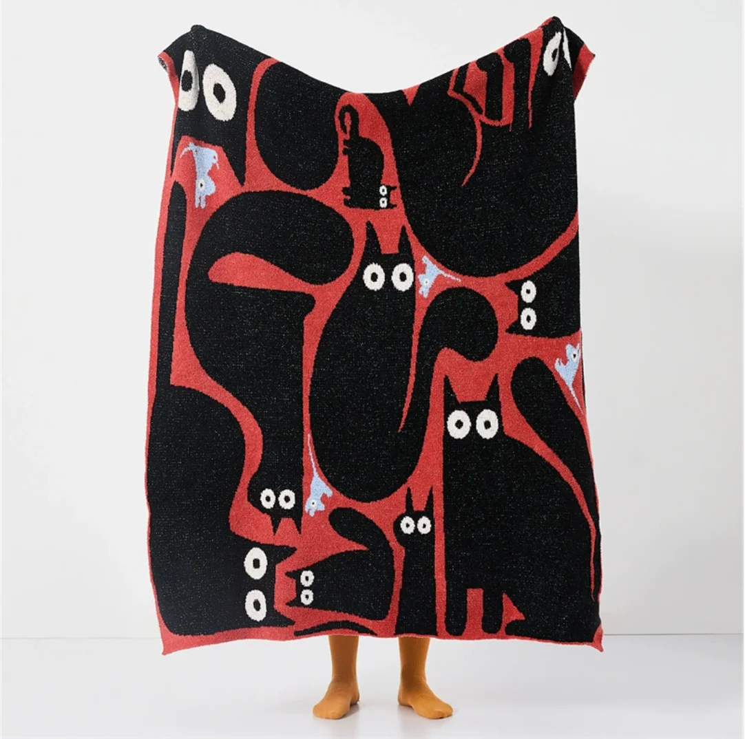 Cute cat casual blanket, office nap blanket, knitted sofa blanket, pillowcase, bed end blanket