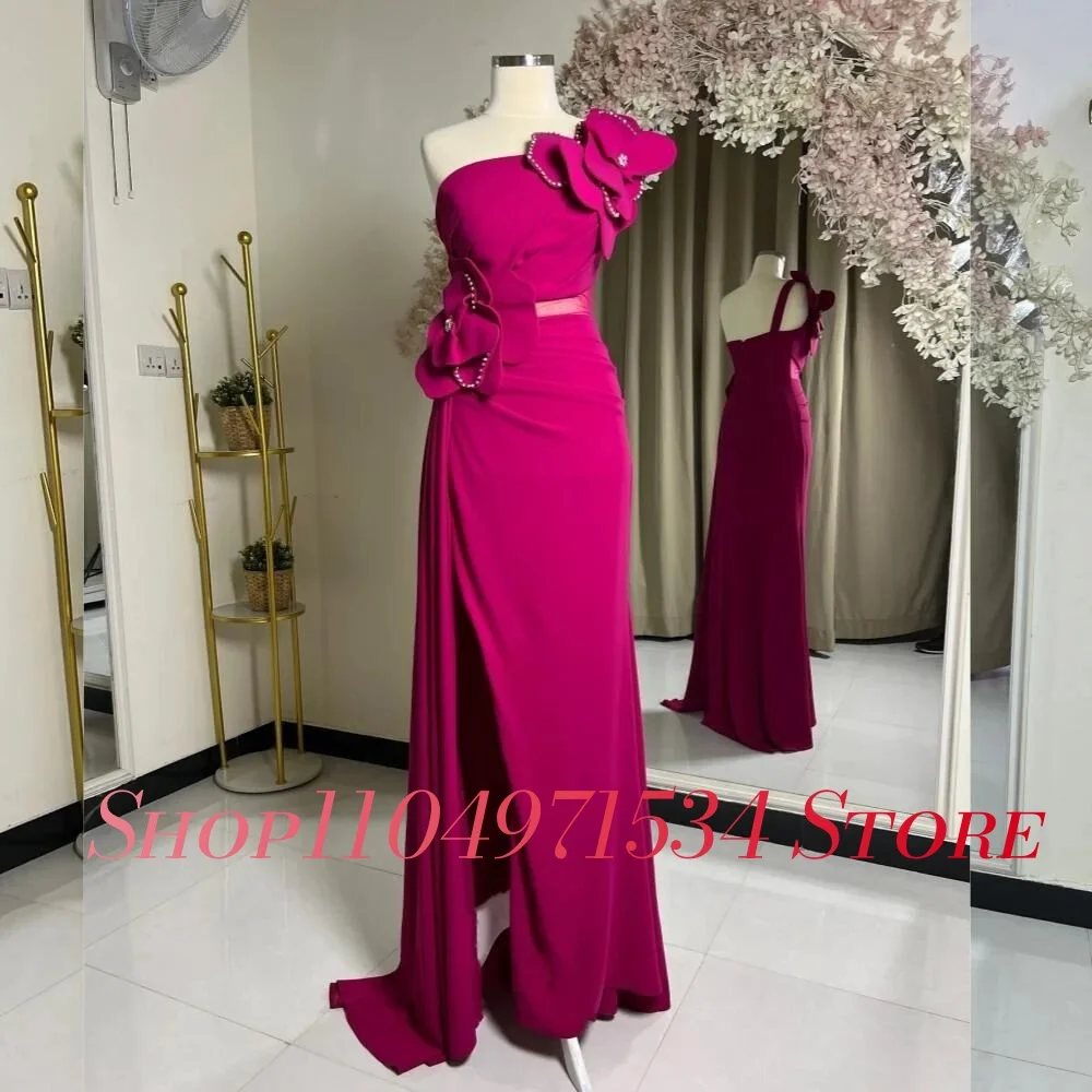 Customized High Quality Jersey A-Line Crystal 3D Flowers Evening Dress Temperament One Shoulder Strapless Occasion Gowns