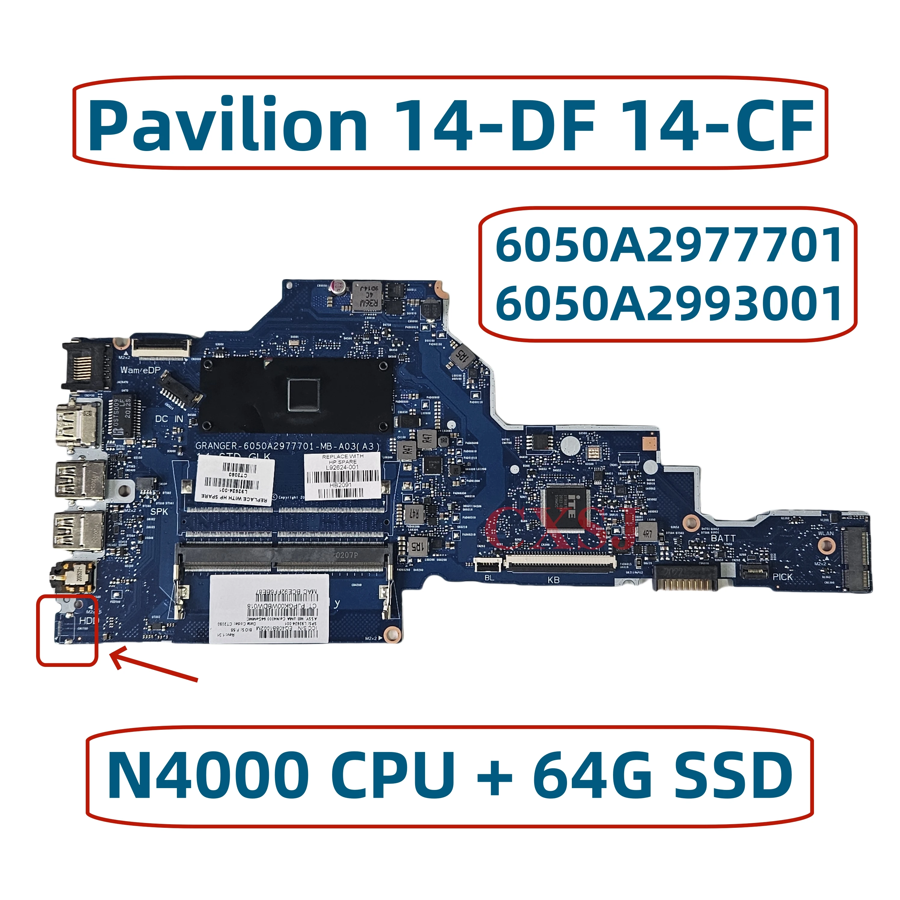 

L92624-601 L92624-001 для материнской платы ноутбука HP 14-CF 14-DF 14S-DF TPN-I130 6050A 2977701 6050А 2993001 -MB-A03 с процессором N4000 DDR4