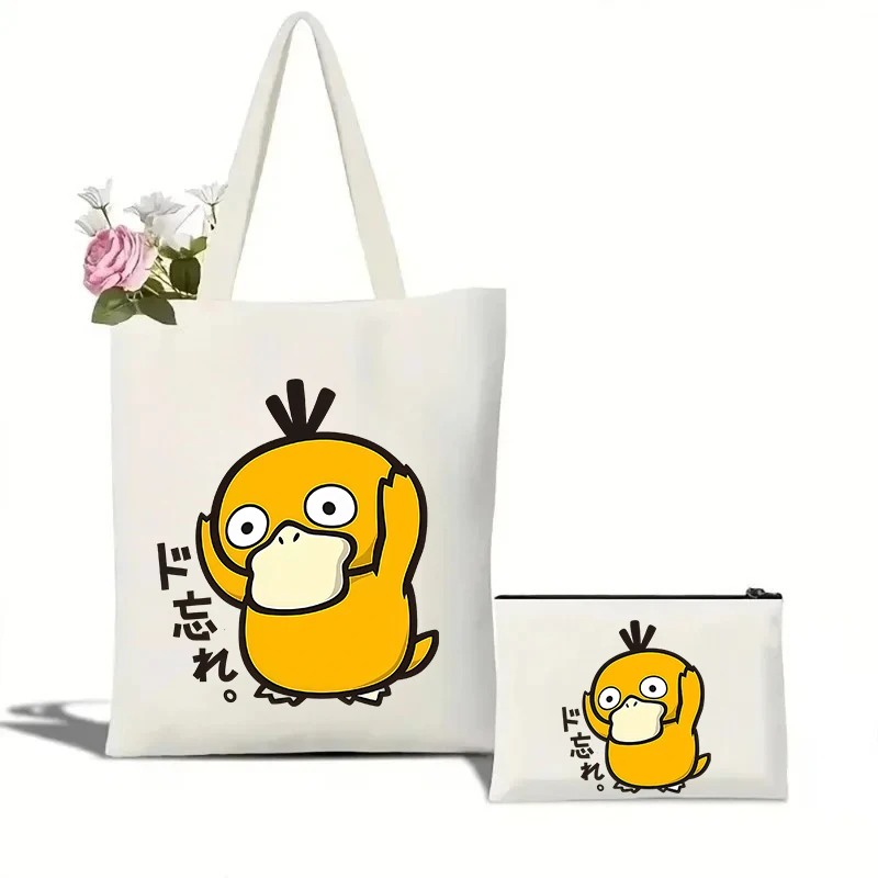 

Сумка-тоут Pokémon Psyduck большой вместимости, повседневная и портативная сумка через плечо, легкая сумка для покупок, большая многоразовая холщовая сумка, подарок