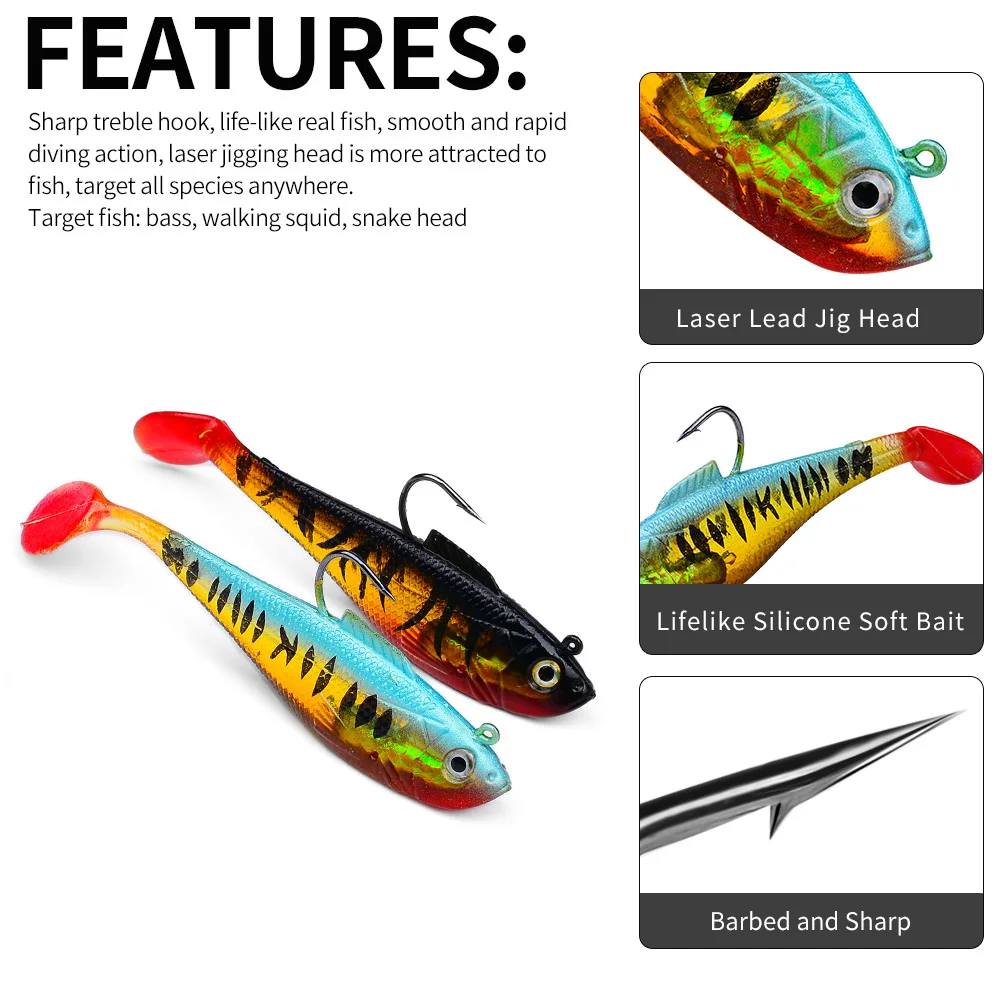 1/5 Stück Künstlicher Weichköder mit Jigkopf 3,6g 9,5g 24,6g Jigging-Weichköder Gummi-T-Schwanz Angelköder Schwimmköder für Barsch und Hecht – Detail 4