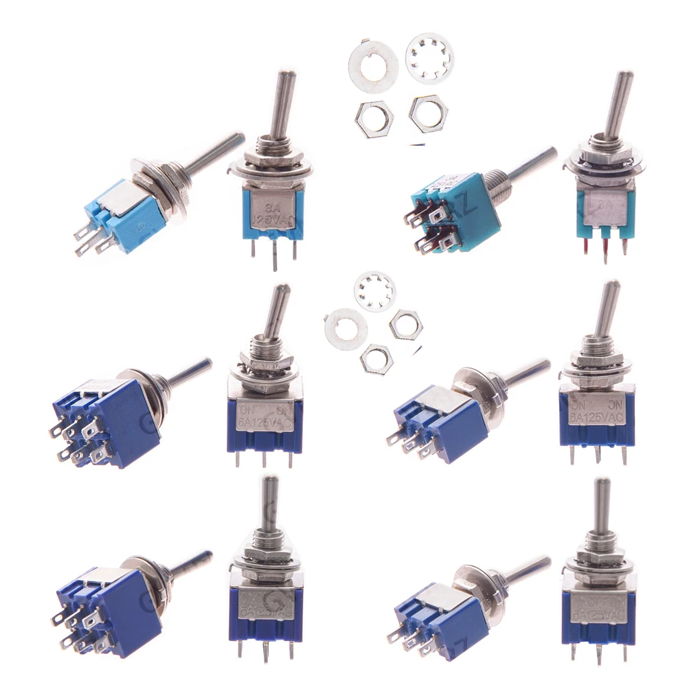 5PCS Blue MTS Series Miniature Toggle Switch MTS-102/103/202/203, 3P/6P 2 Gear SPDT ON-OFF 3A 125VAC Circuit Control Components
