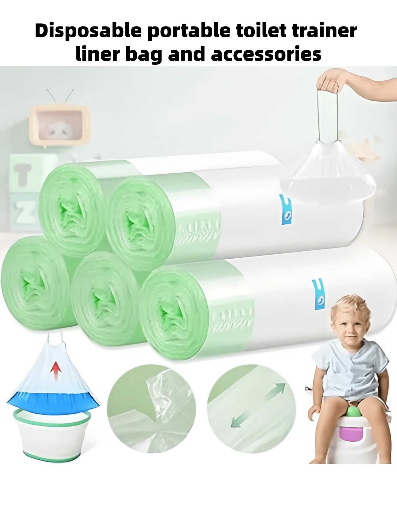 Portable toilet trainer disposable inner bag and accessories, durable multi-functional trash bag with drawstring