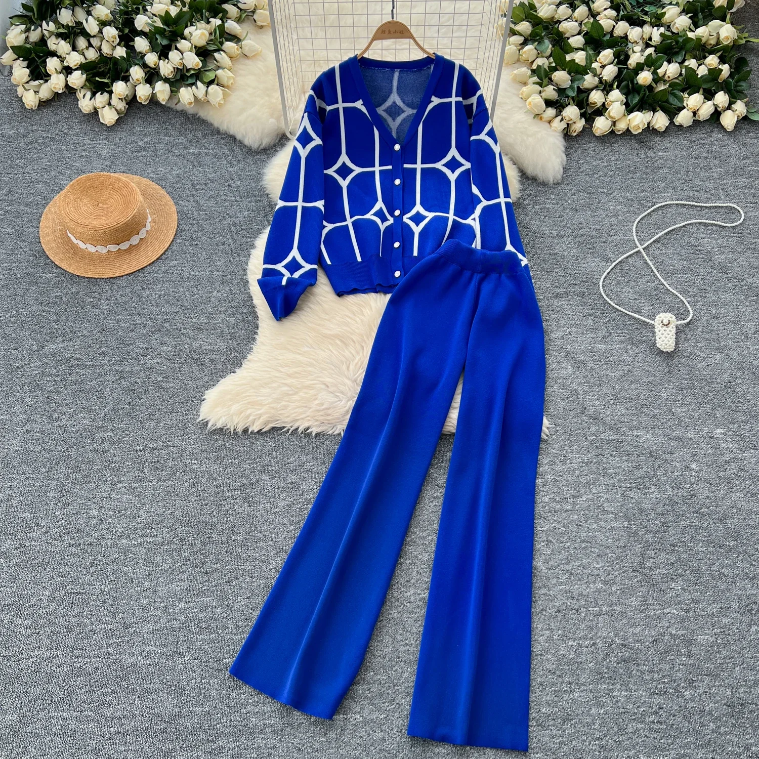 Women Two-Piece Sets Slim Long Sleeve Print Button Knit Top and Basics High Waist Wide Leg Pants Fashion Autumn Winter Clothing