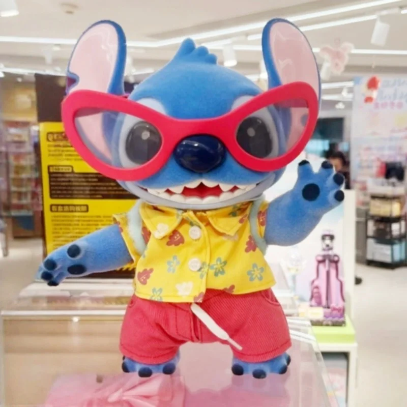 In Stock 2025 25cm New Genuine Cute Stitch Summer Series Large Vinyl Flocking Figurine Movable Arms Model Collectible Gift