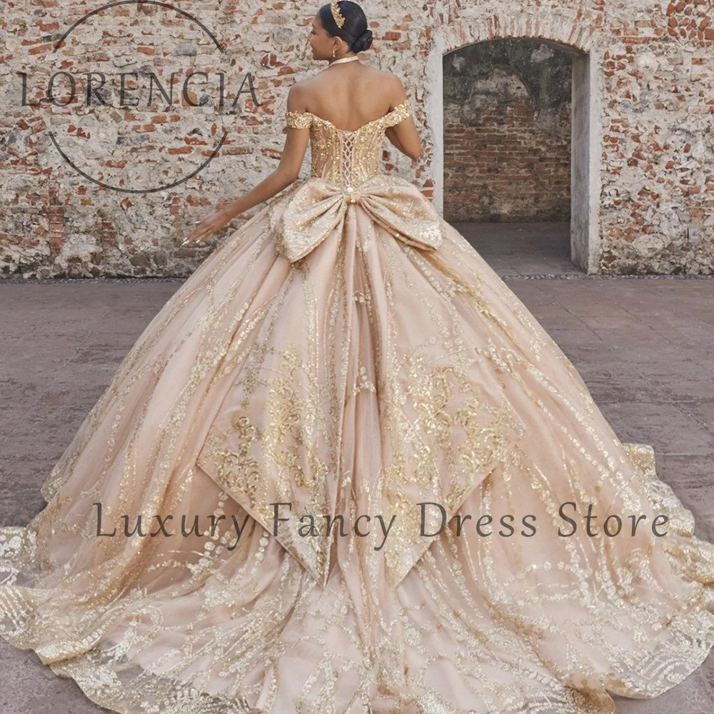 クラシックスパンコールラインストーンキンセアニェーラドレスオフショルダーグリッターボールガウン誕生日ディナーパーティーカスタマイズされたabiti da cerimonia