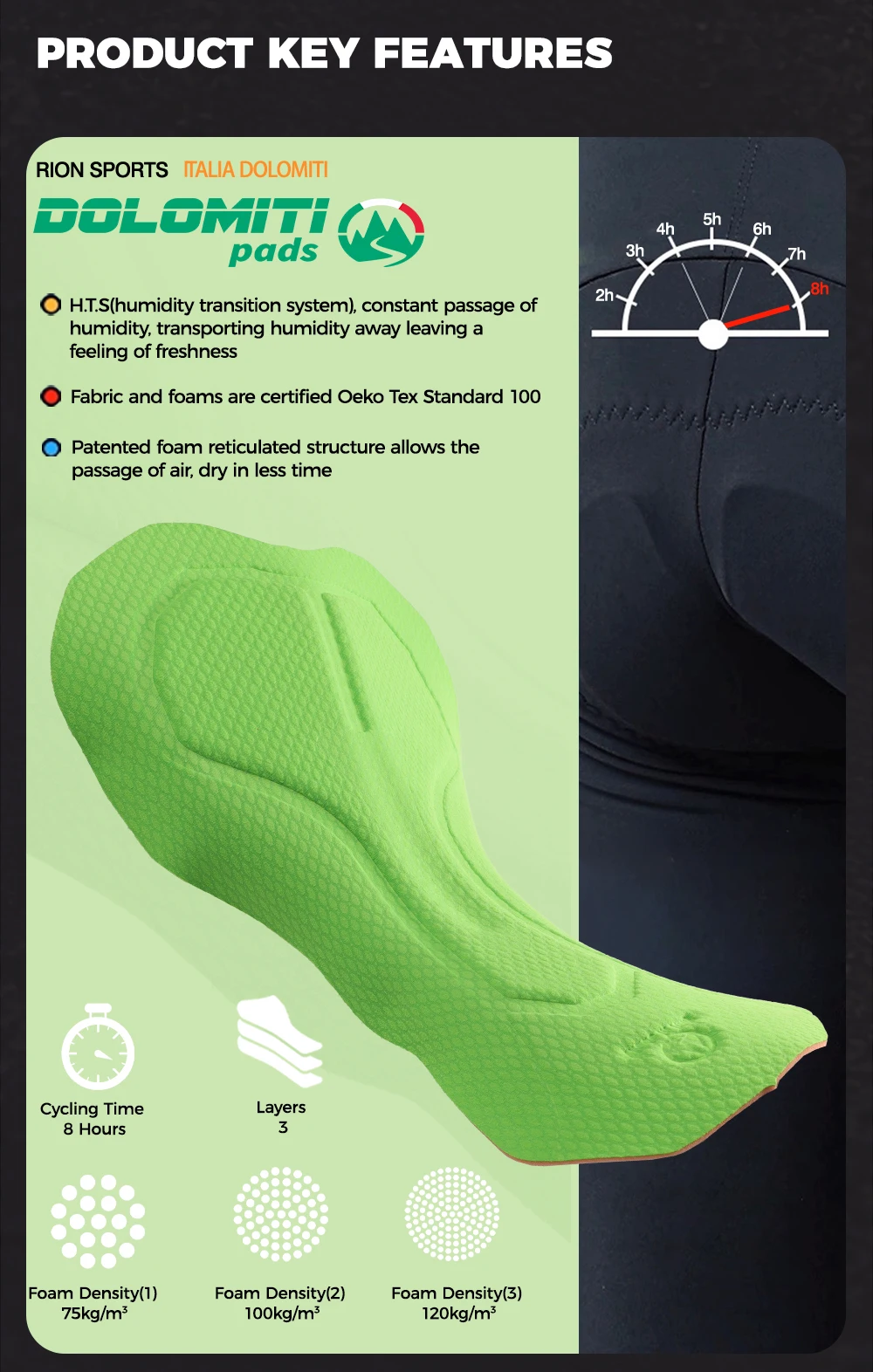 RION Herren Radsport-Trägerhose für Nachtfahrten, Dolomiti-Polster 8H, gepolsterte Rennradhose, MTB Pro Fahrradbekleidung für Langstreckenfahrten – Detail 4
