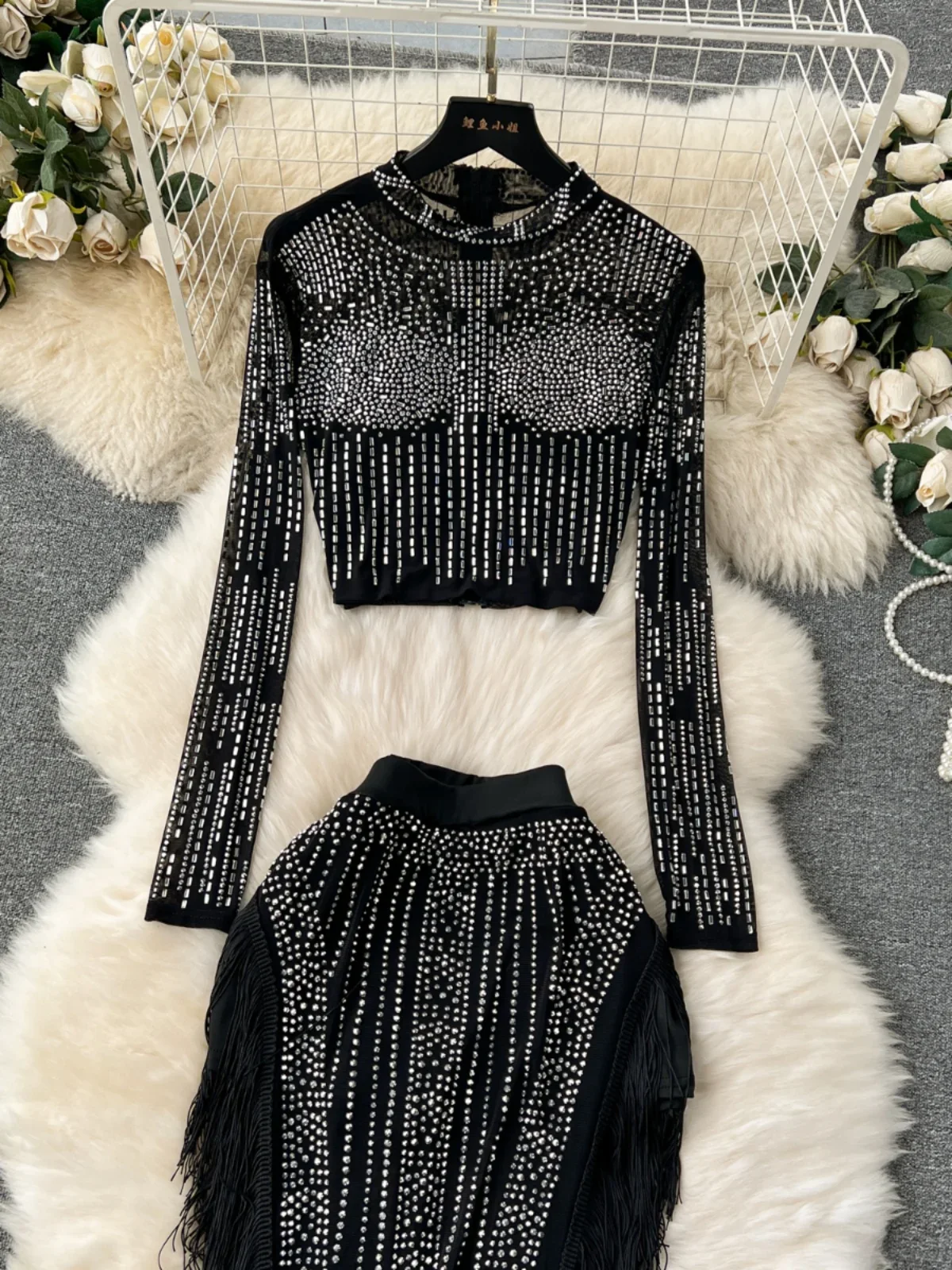 Women Sexy Club Party Two Piece Set Spring Autumn Long Sleeved Crop Top Rhinestone Stamping Slim Tassel Irregular Skirt Suits