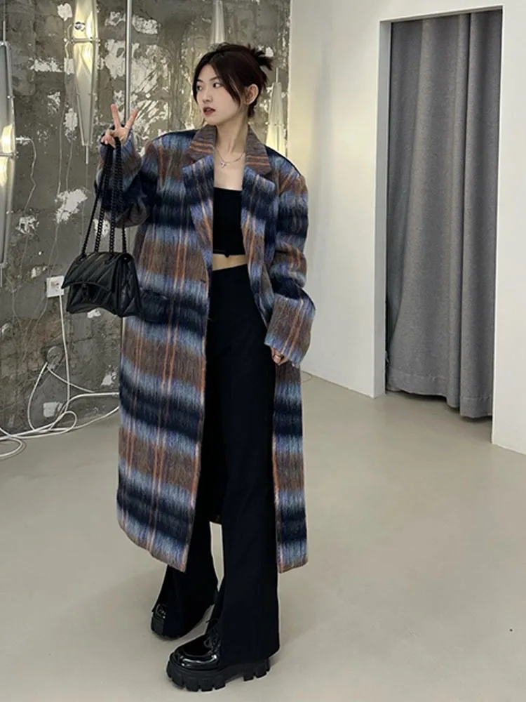 Woman Wool Coat Classic Blue Plaid Full Sleeve Double Breasted Thick England Style Jacket 2023 New Autumn Fashion