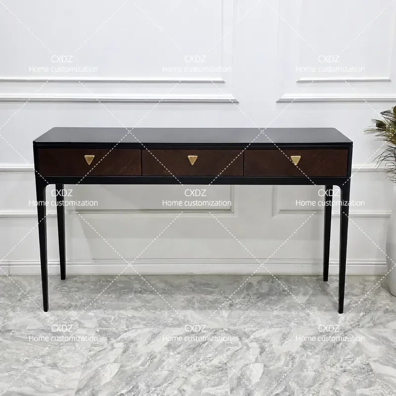 American Country Solid Wood Porch Table Black Long Console Table with Three Drawers Metal Handle Modern Simple Decorative