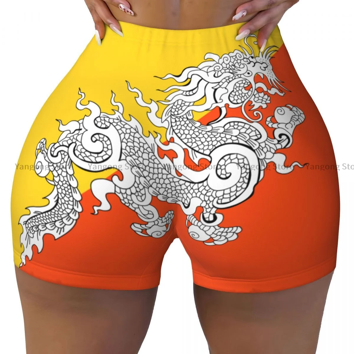 

Spandex Yoga Shorts for Women Flag Of Bhutan Alternate Workout Booty Shorts