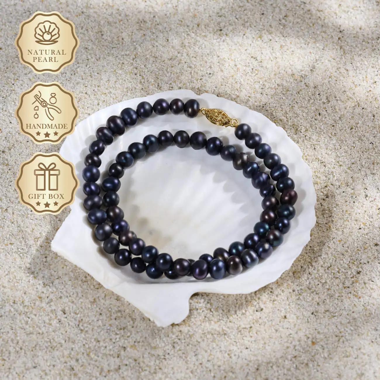 

MYSOYA Black Freshwater Pearl Necklace 6–7mm with Gold Hollow Clasp, Gift Box, Ideal Birthday & Anniversary Gift