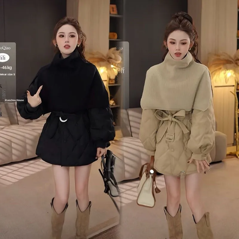 

Detachable Scarf Shoulder Wrap Women's Winter Cotton Jacket Coat Korean Style Waist Cinched Belted Two-Piece Fashionable Set