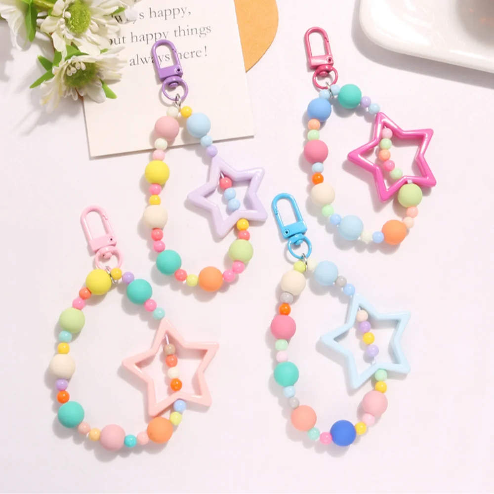 Hollow Star Colorful Phone Lanyard Keychain Heart Glitter Wrist Straps Cute Bow Colored Round Bead Headphone Case Decoration