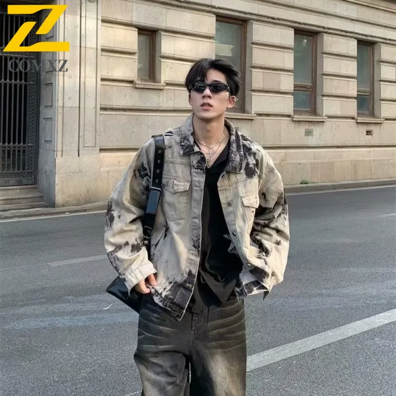 

COMXZ 2025 New Spring Autumn Tie - Dye Black Denim Jacket Men's High End Design Wide Street Style outdoor sports baseball Jacket