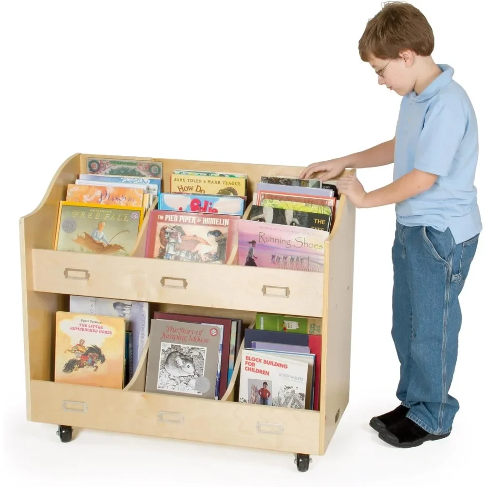 Mobile Book Organizer - Wooden Rolling Bookshelf and School Supply Cart with Casters and nameplate labels - Storage Furniture