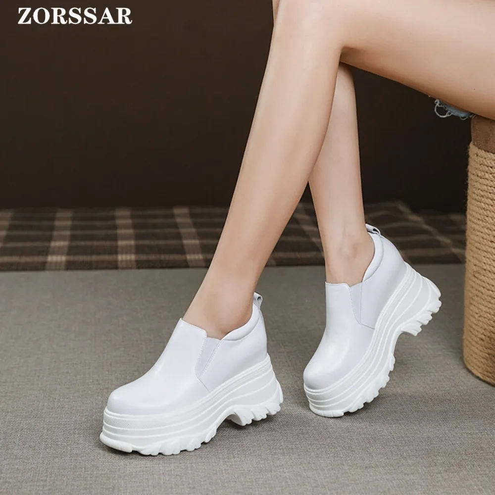 

10cm Platform Hidden Wedge Sneakers Chunky Shoes Genuine Leather Women Vulcanized Shoes High Quality Height Increasing Sneakers