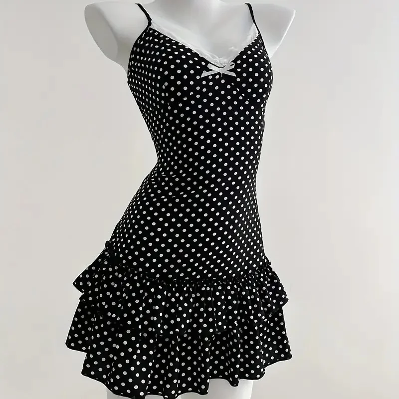 Europäischer und amerikanischer Ins-Style, süßer kurzer Rock, modisches Polka-Dot-Kleid mit Schleife und tailliertem Spitzenbesatz, Y2K-Trägerkleid